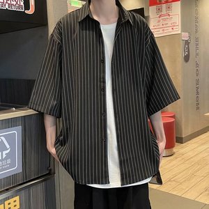 @港风 条纹短袖衬衫男夏季ins潮流痞帅衬衣 CS113-P35图片