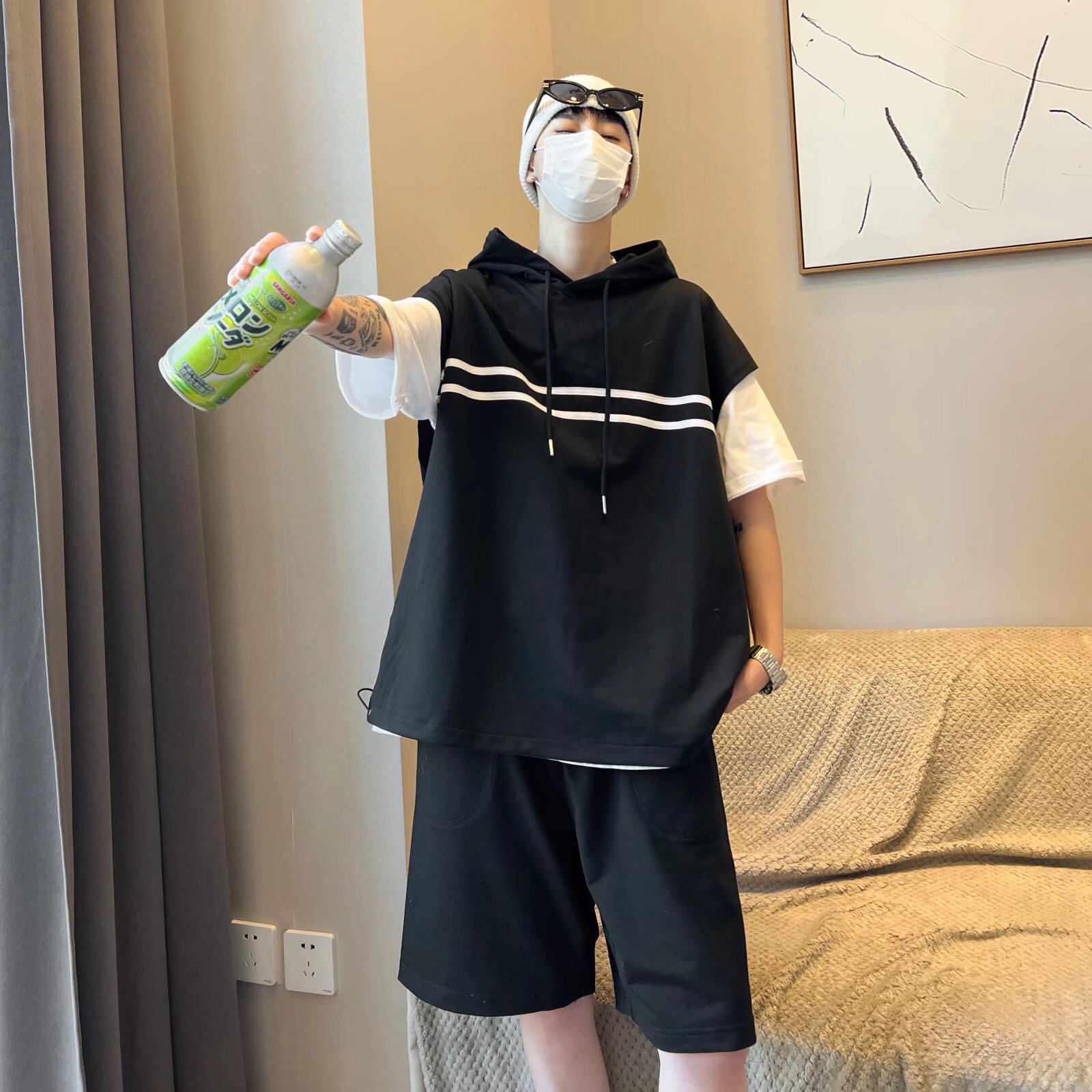 @港风夏季短袖T恤短裤一套衣服连帽两件套TZ02-P45,男装牛仔裤,星座223（原229-2）