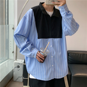 @港风  条纹拼接衬衫男立领长袖衬衣春季新款CS107-P40图片