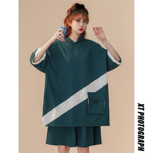 冰丝拼色连帽短袖短裤套装男女夏季两件套 TZ2221/P55,女装套装/套裙,星座223（原229-2）