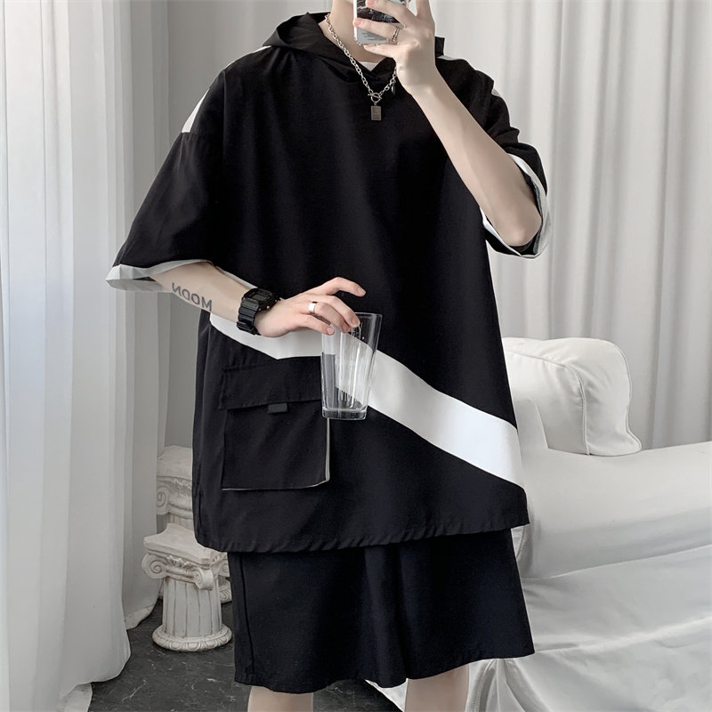 冰丝拼色连帽短袖短裤套装男女夏季TZ2221/P55,男装牛仔裤,星座223（原229-2）