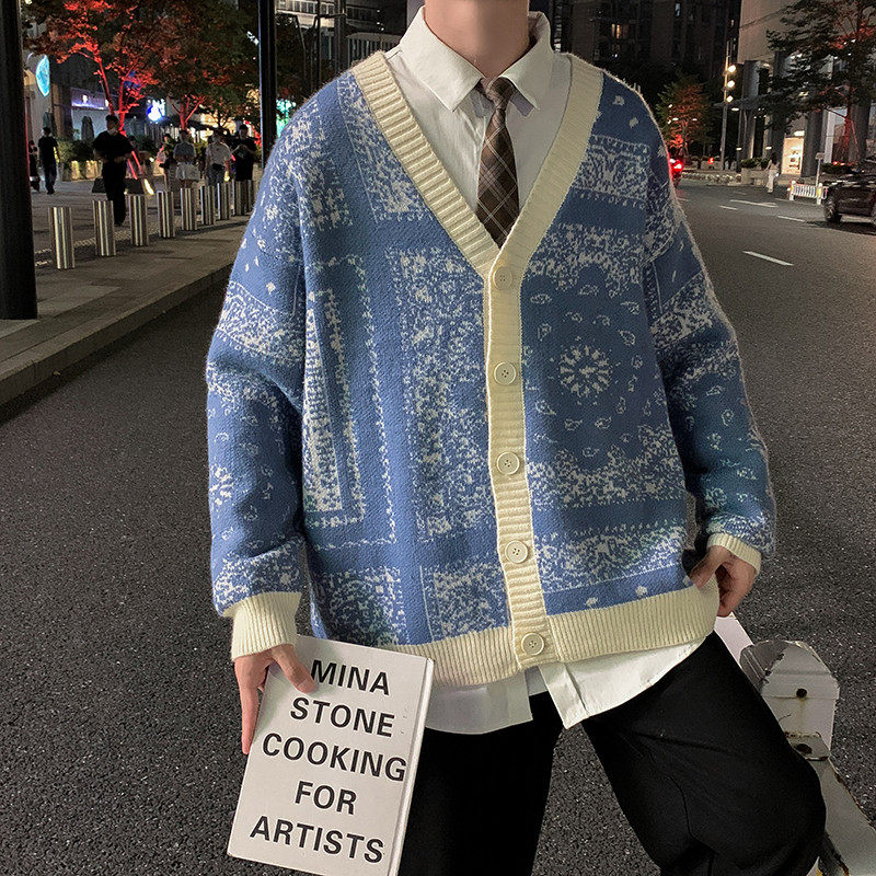 @港风 男针织开衫秋冬V领毛衣腰果印花单排扣宽松21M59-P50图片
