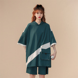 冰丝拼色连帽短袖短裤套装男女夏季两件套TZ2221/P55，女装套装/套裙，星座223（原229-2）