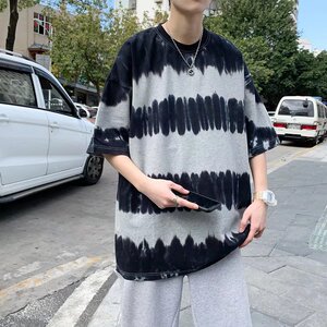@港风条纹短袖青少年扎染宽松男生夏季五分袖T恤DT11-P30
