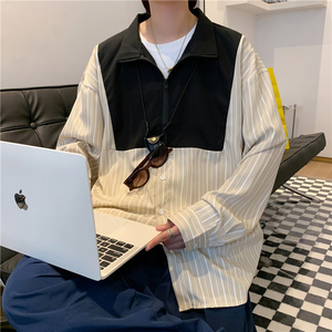 @港风  条纹拼接衬衫男潮流立领长袖衬衣CS107-P40图片