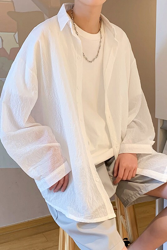 @港风防晒衣男夏季潮流白色透气超薄款长袖衬衫衬衣CS126-P38,男装防晒衣,星座223（原229-2）