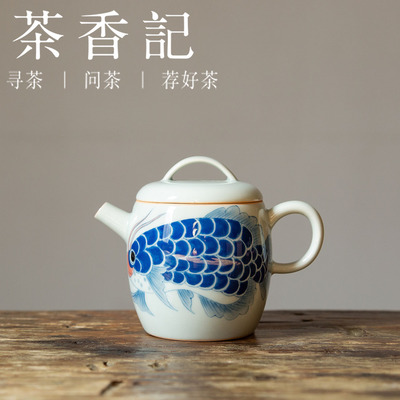 茶香记 手绘龙鱼 得宜鼓型壶 瓷壶 国潮手绘 可爱实用 经典壶型
