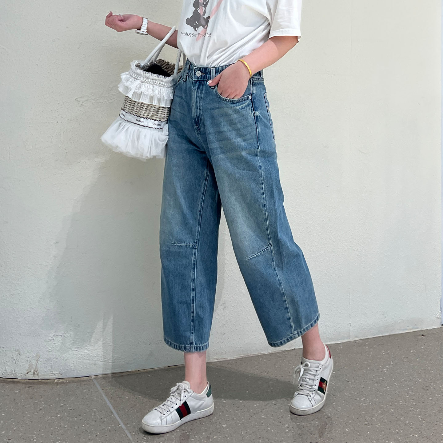 MiniBrand2025春夏新高腰阔腿牛仔裤女显瘦松紧腰宽松八九分梨形
