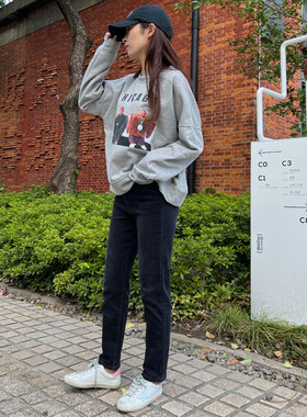 高腰显瘦直筒牛仔裤女韩国Mini Brand秋冬新款黑灰色弹力百搭长裤