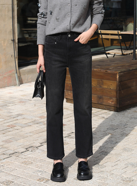 巨显瘦直筒牛仔裤女Mini Brand新款百搭松紧高腰洋气黑灰色九分裤