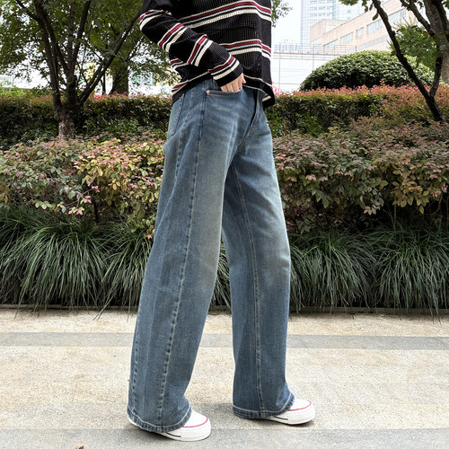 复古水洗蓝色弯刀裤 minibrand2026秋季新款高腰直筒阔腿牛仔裤女