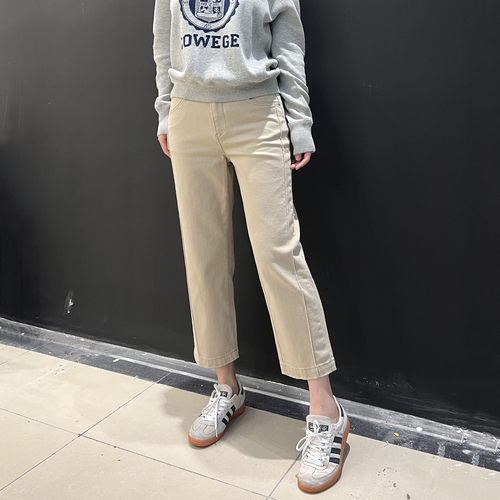 复古蓝松紧腰直筒裤白色牛仔裤女