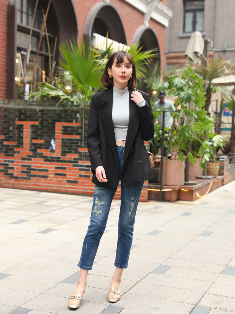 破洞牛仔裤女 minibrand春季新品做旧复古蓝色休闲小直筒九分裤子