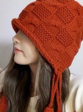 手工编织毛线流苏套头帽护耳帽DIY材料包新年红色帽子秋冬送女友