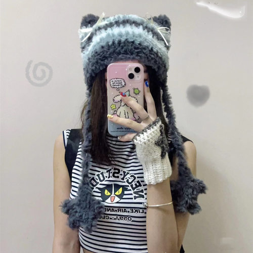 手工编织ｄｉｙ小灰帽耳帽材料包复古秋冬帽子　长绒猫耳帽小红书