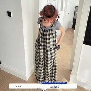 milktina定制丨小众设计黑白格一键出门宽松连体裤裙廓形背带裤女