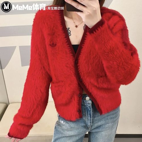 阿迪达斯三叶草女子毛衣开衫2026新年款慵懒风毛绒针织外套KT3171