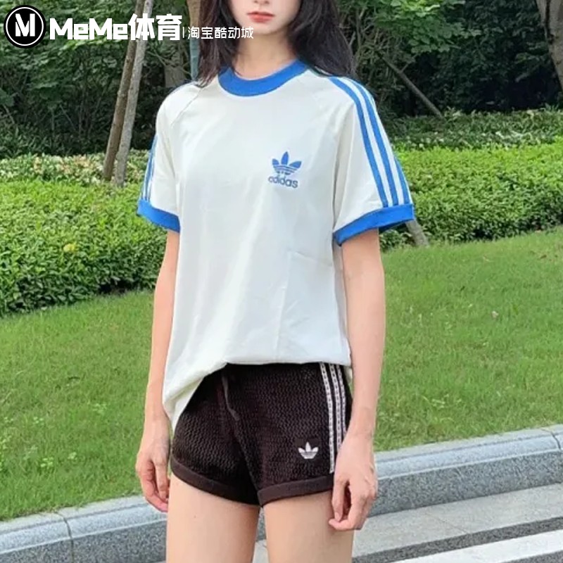 阿迪达斯三叶草女短裤2026夏款三条杠抽绳高腰辣妹热裤 KE0197