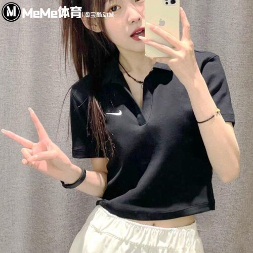 辣妹短款V领紧身露脐美式POLO衫
