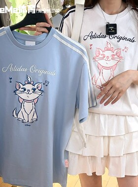 阿迪达斯三叶草短袖女装迪士尼联名款玛丽猫图案休闲T恤衫 KC3099