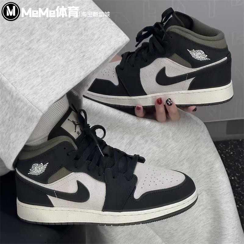 耐克男鞋2025冬季新品AJ1 Mid复古橄榄绿拼色中帮板鞋 HV4091-102