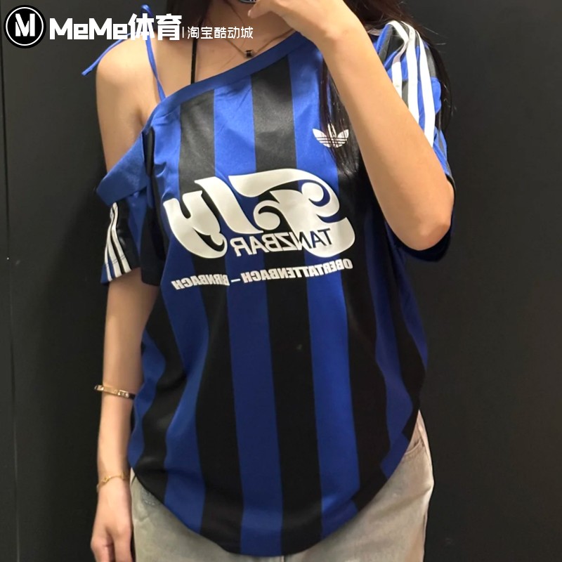 阿迪达斯三叶草女装2025夏款复古斜肩条纹球衣休闲运动T恤 KD2278