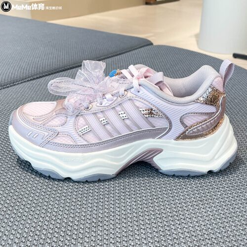 阿迪达斯2026秋款粉紫闪片芭蕾风老爹鞋女网面透气休闲鞋 LA6810