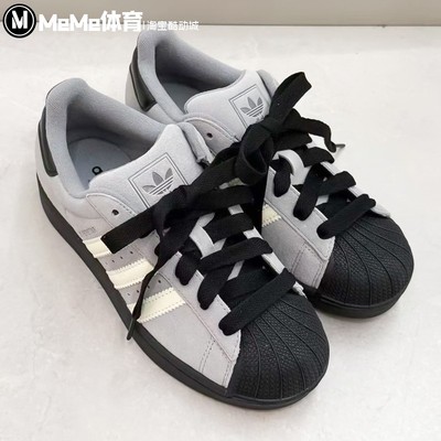 阿迪达斯三叶草男女鞋2025秋季款翻毛皮黑灰百搭贝壳头板鞋JQ3222