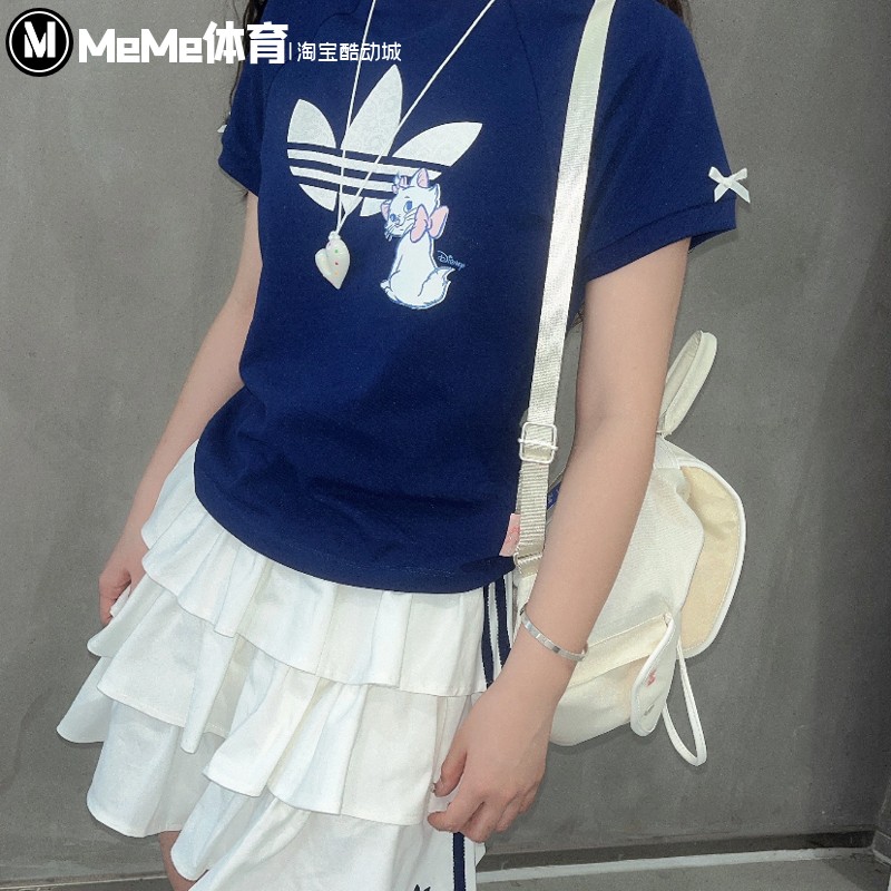 阿迪达斯三叶草女装2025夏季款玛丽猫图案蝴蝶结休闲短袖衫KC3096