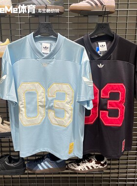 阿迪达斯三叶草2026夏新品男子03号印花复古球衣V领短袖T恤KU9215