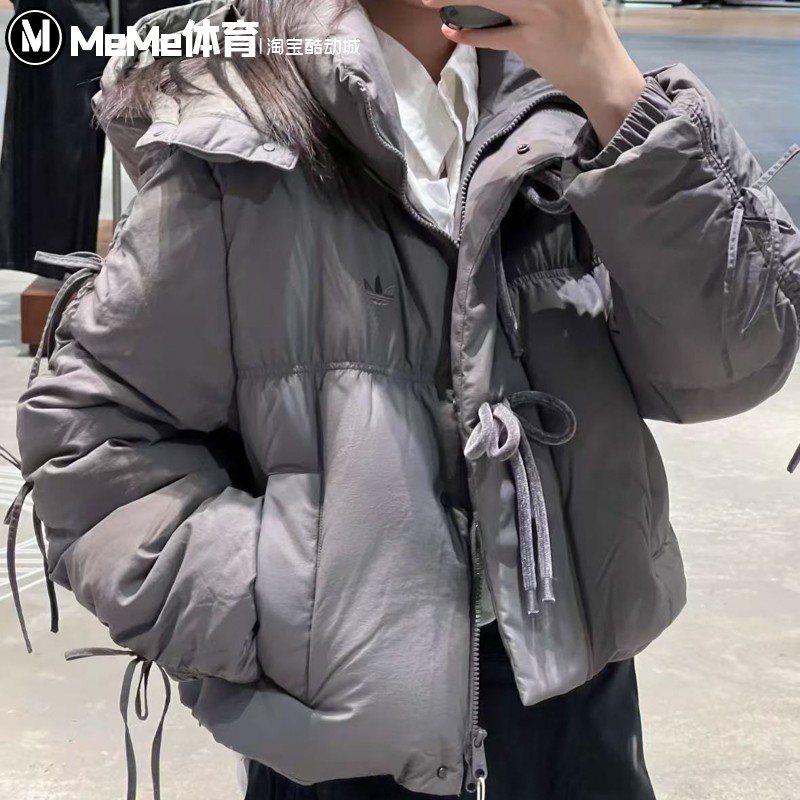 阿迪达斯三叶草女子羽绒服2025冬款甜美蝴蝶结保暖连帽外套KC2609