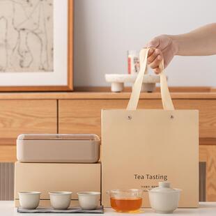 定制伴手礼套装 陶瓷草木灰简约户外旅行茶具一壶三杯快客杯便携式