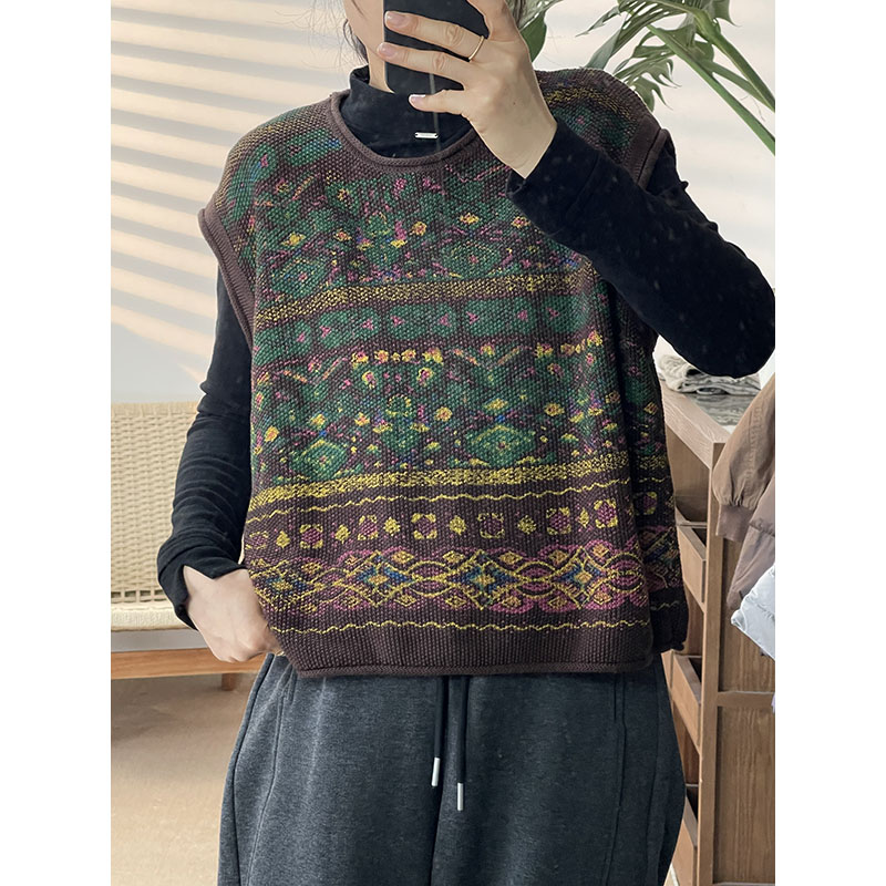 复古民族提花针织马甲女圆领无袖宽松百搭设计感马夹6098（2336）