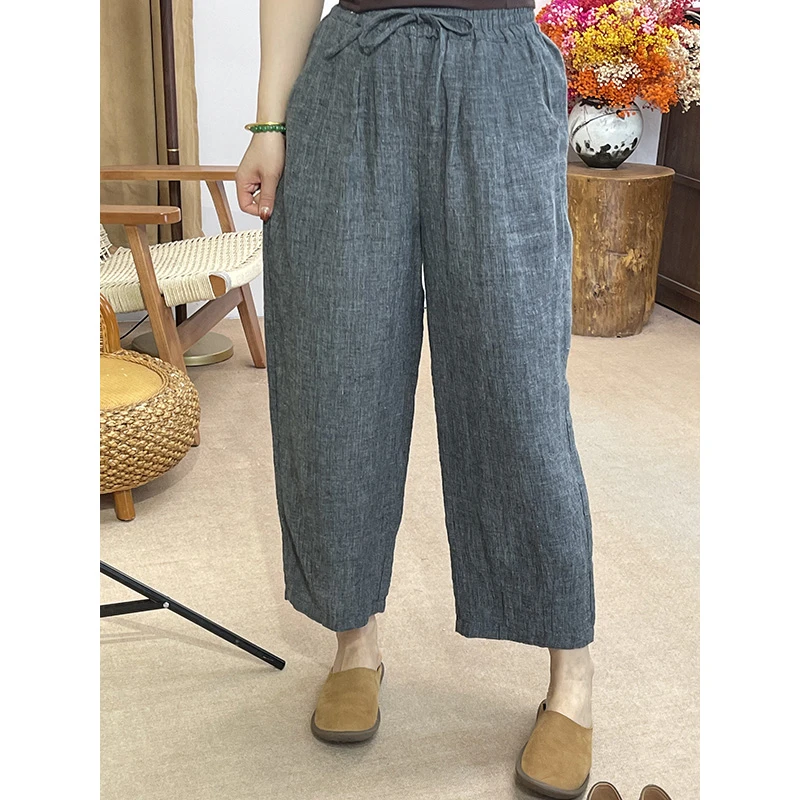 2025汉麻亚麻松紧腰抽绳直筒裤女休闲百搭显瘦九分裤050,女装/女士精品,休闲裤,淘宝优惠券,粉丝福利购,淘宝优惠卷