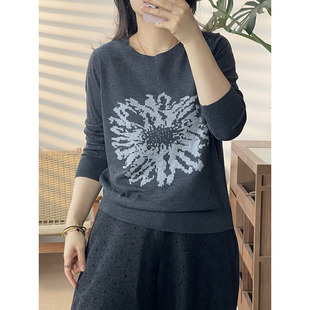 休闲慵懒风太阳花提花圆领针织衫 软糯显瘦上衣2820 女长袖