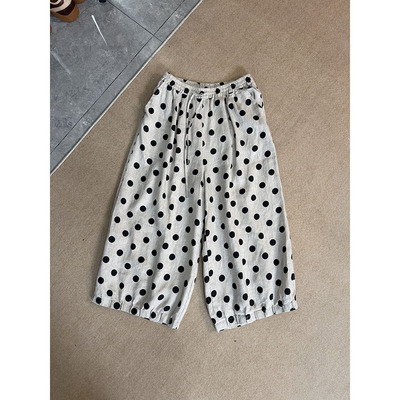 2026夏款100%雨露亚麻百搭波点阔腿休闲八分裤 8668