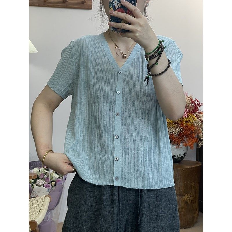 2025夏款V领短袖针织开衫女宽松显瘦百搭休闲上衣-115-1,女装/女士精品,汉服上装,淘宝优惠券,粉丝福利购,淘宝优惠卷