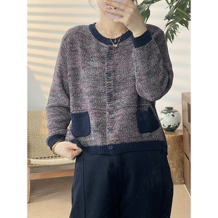 -百搭针织女款撞色领针织口袋开衫2836
