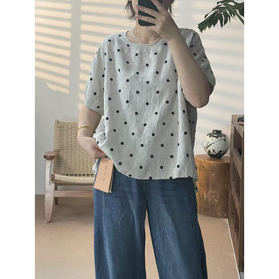 2025夏款汉麻圆领刺绣波点文艺休闲宽松衬衫T恤女士半袖0215