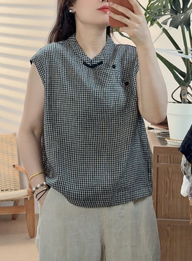 亚麻百搭显瘦国风领格子衬衫上衣女装2669