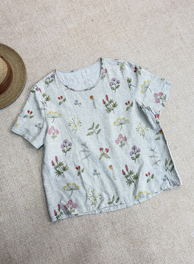 100%汉麻复古简约印花圆领短袖上衣夏季百搭显瘦女装783