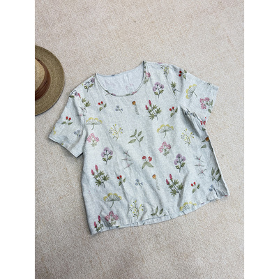 100%汉麻复古简约印花圆领短袖上衣夏季百搭显瘦女装783