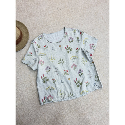 100%汉麻复古简约印花圆领短袖上衣夏季百搭显瘦女装783