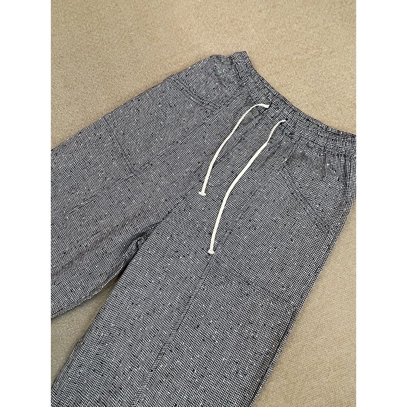 2025春款新款宽松休闲百搭千鸟格松紧腰抽绳直筒汉麻八分裤-88266,女装/女士精品,汉服裤装,淘宝优惠券,粉丝福利购,淘宝优惠卷