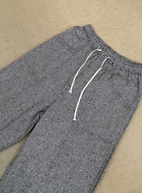 2025春款新款宽松休闲百搭千鸟格松紧腰抽绳直筒汉麻八分裤-88266