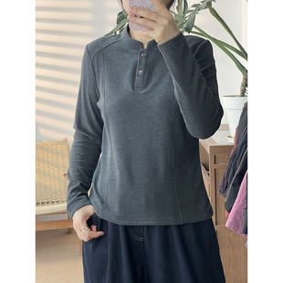 通勤风亨利领羊绒+桑蚕丝长袖卫衣女宽松显瘦百搭深灰色上衣515