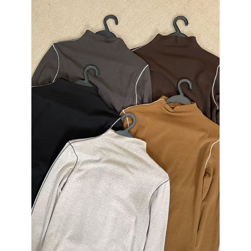 撞色明线高领加绒打底女长袖修身打底衫内搭设计感上衣31130