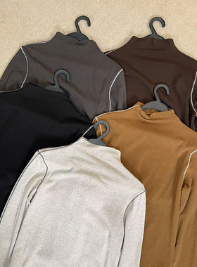 撞色明线高领加绒打底女长袖修身打底衫内搭设计感上衣31130