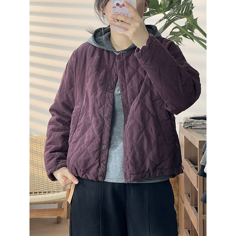 设计感菱格纹汉麻棉服女通勤宽松圆领长袖显瘦百搭外套9663