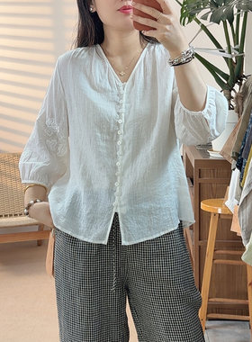 【自带凉意】汉麻复古刺绣V领透气夏季宽松女士衬衫047